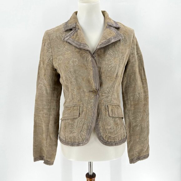 Tandem Jackets & Blazers - Tandem Womens Beige Floral Patterned Linen-Blend Blazer Jacket Size 34